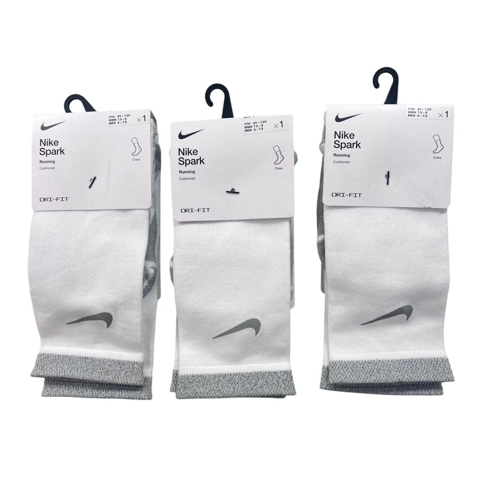 3‎ pair Nike Spark Running Cushioned Crew Socks White Grey M 6-7.5 W 7.5-9